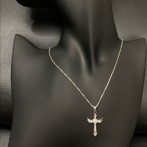 Sterling Silver Winged Cross Clear CZ Necklace